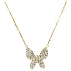 This delicate necklace features a 16 MMx16 MM Butterfly diamond pendent micro-prong-set stationed on a thin gold chain. Experience the difference in person! Product details: Center Gemstone Type: NATURAL DIAMOND Center Gemstone Shape: ROUND Metal: 18K Yellow Gold Metal Weight: 4.1 Setting Type: Micro prong Material: NATURAL DIAMOND Minimum Number Of Diamonds: 63 Minimum Color: H Minimum Clarity: SI2 Rhodium Plate: Yes Sizable: Yes Diamond Pendent, Gold Butterfly, American Diamond, Butterfly Necklace, Delicate Necklace, 2 Carat, Accessories Necklace, Gold Chains, Natural Diamonds