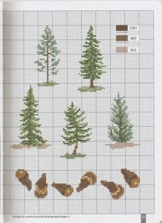 the cross stitch pattern shows different types of pine trees and their leaves, as well as birds