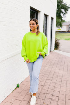 Shop the link below to grab this top and shop our St. Patrick's Day collection!👇 Neon Green Sweater Outfit, Spring Soft Knit Sweatshirt, Knit Stretch Sweatshirt For Spring, Spring Knit Stretch Sweatshirt, Spring Stretch Knit Sweatshirt, Soft Knit Sweatshirt For Spring, Spring Textured Knit Sweatshirt With Relaxed Fit, Oversized Textured Knit Sweatshirt For Spring, Oversized Knit Sweatshirt For Spring