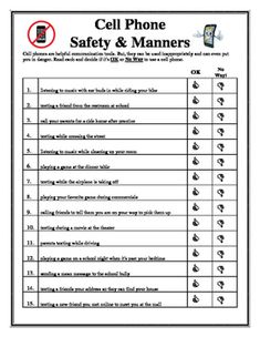 cell phone safety and manners worksheet with instructions on how to use it