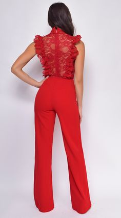 Vanna Red Crochet Flared leg Jumpsuit – Emprada Sleeveless Lace Trim Jumpsuit, Crochet Mock Neck, Red Dress Pants, Black Bandage Dress, Bandage Jumpsuits, Mesh Jumpsuit, Red Crochet, Satin Gown, Tiered Maxi Dress