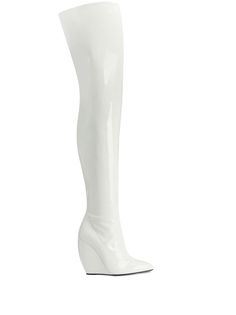 Find GIUSEPPE ZANOTTI Preety 105mm Pointed-toe Boots on Editorialist. off-white leather patent finish pointed toe short side zip fastening above-knee length 105mm wedge heel leather sole Thigh Boots, Boots White, Giuseppe Zanotti Shoes, Pointed Toe Boots, Thigh Boot, Toe Boots, Demi Fine Jewelry, White Boots, Exclusive Fashion