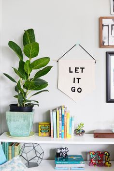 a white shelf topped with books and a potted plant next to a wall hanging