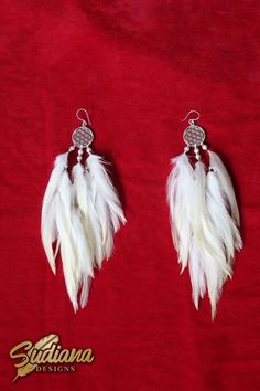 White Feather Dangle Earrings, Bohemian White Danglers As A Gift, Bohemian White Danglers As Gift, White Pearl Earrings, White Pearl Earring, Strung Beads, White Feather, White Brass, White Feathers