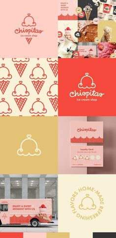 some logos and designs for different types of food items, such as ice creams