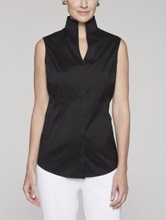 Sleeveless Stretch Cotton Blouse – Misook Modern Stand Collar Tops For Workwear, Modern Fitted Sleeveless Blouse, Cotton Blouse, Stretch Cotton, Blazer, Pants, Black, Trousers