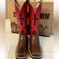 Absolutely Beautiful Ariat Red Leather Boots With Black Crosses On The Shaft. I Almost Hate To Sell These Because They Are So Pretty. Boot Box Says Pink But These Are Red. Western Red Square Toe Boots, Red Western Boots With Square Toe, Red Square Toe Western Boots, Red Fitted Boots For Rodeo, Fitted Red Boots For Rodeo, Vaquera Boots, Cross Boots, Red Cowboy Boots, Red Leather Boots