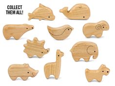 wooden toy animals are shown on a white background with the words collect them all written in black