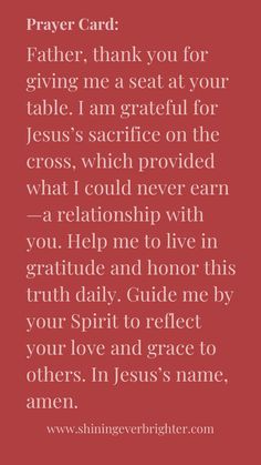 a red background with the words prayer card for father, thank you for giving me a seat at your table