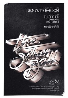 the new year's eve flyer for dj spider, featuring silver lettering and black background