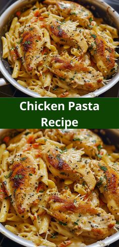 chicken pasta in a skillet with parmesan cheese