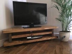 a flat screen tv sitting on top of a wooden stand next to a potted plant