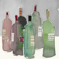 a painting of wine bottles with labels on them