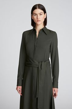 Kori Dress In Viscose Wool – Halston Elegant Silk Collared Shirt Dress, Elegant Collared Midi Dress For Semi-formal Occasions, Sleek Long Sleeve Semi-formal Dresses, Collared Silk Midi Dress For Workwear, Timeless Long Sleeve Workwear Dresses, Timeless Long Sleeve Office Dress, Classic Silk Semi-formal Shirt Dress, Elegant Silk Shirt Dress For Fall, Elegant Collared Midi Dress For Formal Occasions