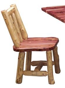 a wooden chair and table made out of wood logs, with one sitting on the other side