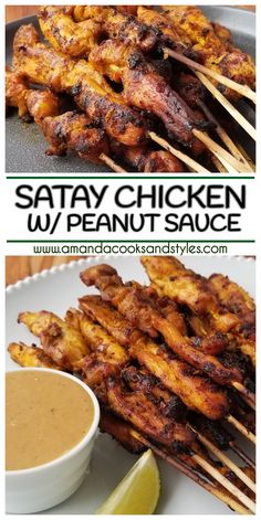 chicken satay with dipping sauce on the side and an image of grilled chicken skewers