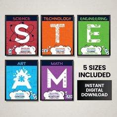 four posters with different font and numbers on them, including the letter s, m, d