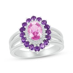 Beautiful colors and sparkle combine to create this whimsical ring. Crafted in sterling silver A pretty oval-cut pink lab-created sapphire is the focal point Round-cut white lab-created sapphires and amethysts form shimmering halos around the center The multi-row split shank creates a bold silhouette Pink Sapphire Ring With Gemstone Accents, Pink Oval Fine Jewelry, Dazzling Oval Pink Sapphire Jewelry, Oval Pink Sapphire White Gold Jewelry, Dazzling Oval Pink Ring, Dazzling Pink Oval Ring, Oval Pink Sapphire Jewelry With Gemstone Accents, Oval Pink Sapphire Jewelry In White Gold, Purple Pink Sapphire Jewelry With Center Stone