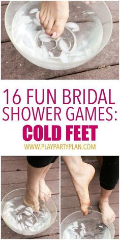 a collage of pictures showing how to play bridal shower games with cold feet