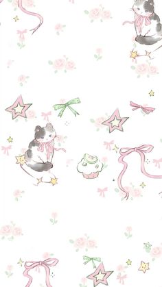 a mouse and stars pattern on a white wallpaper with pink, green, and purple flowers