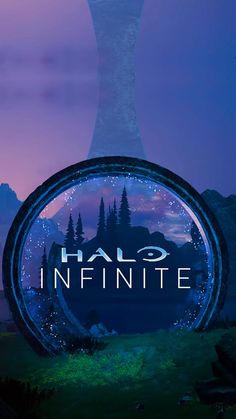 the title for halo infinite is shown through a magnifying glass with trees in the background