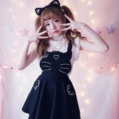 Kawaii Cat Embroidery Dress Kawaii Black Halloween Dress, Black Kawaii Dress For Halloween, Black Sleeveless Summer Pinafore Dress, Black Sleeveless Pinafore Dress For Summer, Fitted Black Pinafore Dress For Spring, Black Kawaii Dress For Cosplay, Uwu Hairstyles, Cute Fitted Sleeveless Pinafore Dress, Black Cotton Pinafore Dress For Summer