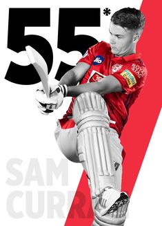 a man holding a cricket bat on top of a white and red poster with the number 55