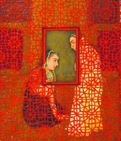 an image of two people looking at each other through a red and yellow frame with intricate patterns