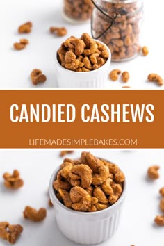 two small white bowls filled with candied cashews