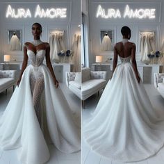 two pictures of a woman in a wedding dress with the words auramore on it