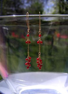 Red Coral Cluster Gold Chain Earrings Delicate Gemstone Fringe | Etsy Dainty Red Dangle Jewelry, Dainty Red Jewelry With Ear Wire, Long Drop Earrings With Tiny Beads For Gift, Elegant Red 14k Gold-filled Earrings, Elegant Red 14k Gold Filled Earrings, Elegant Red Earrings With Tiny Beads, 2022 Earrings, Coral Earring, Sundance Style Jewelry