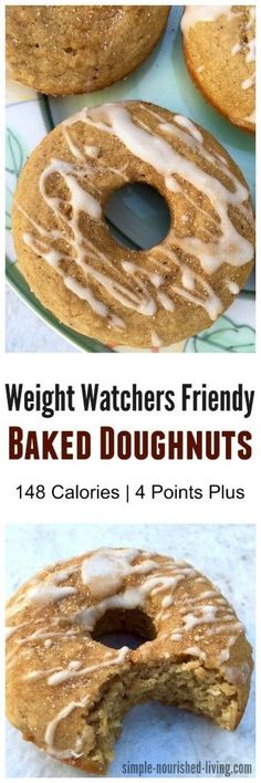 two pictures of baked doughnuts with icing on them and the words, weight watchers friendly baked doughnuts