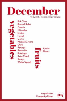 a red and white poster with the words december written in different font styles on it