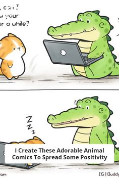 two comics with an alligator and cat on the same page, one is using a laptop