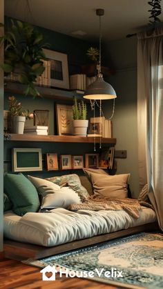 a living room filled with lots of furniture and plants on top of the bookshelves