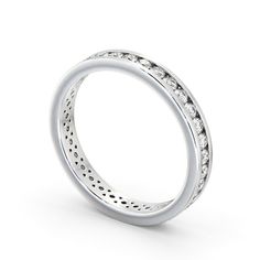 a white gold wedding band with round cut diamonds on the inside and outside, set in 18k white gold