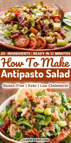 two plates with different types of salads and the words how to make an antipasto salad