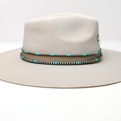 Silver Tone and Turquoise Pearl Hat Band With Brown Tie Strings. Pictured on a white background with the band around a light brown/ gray hat. Adjustable Fedora Mini Hat For Kentucky Derby, Adjustable Fedora For Kentucky Derby, Kentucky Derby Adjustable Short Brim Felt Hat, Adjustable Flat Crown Hats For Kentucky Derby, Adjustable Felt Hat For Kentucky Derby With Short Brim, Adjustable Flat Crown Panama Hat For Country Events, Adjustable Panama Hat With Flat Crown For Country Events, Adjustable Panama Hat For Country Events, Casual Hat Band With Adjustable Flat Crown