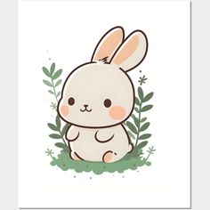 a white rabbit sitting in the grass with green leaves around it's neck and eyes