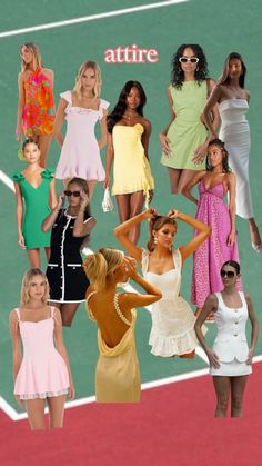 a collage of women in dresses on a tennis court with the words atire above them