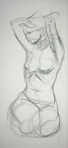 a pencil drawing of a woman's torso with her hands behind her head and arms in the air