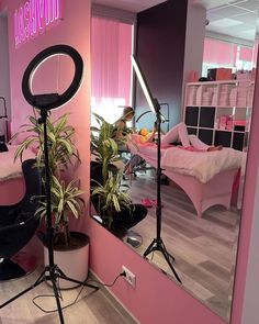 a pink room with mirrors and lights on the wall, plants in pots near bed