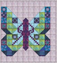 the butterfly quilt pattern is shown in blue, green and purple colors with an intricate design on