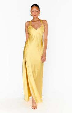 Anderson Maxi Dress ~ Yellow Luxe Satin – Show Me Your Mumu Yellow Halter Neck Maxi Dress, Pastel Dress Formal, Yellow Wedding Guest Dress, Yellow Satin Prom Dress, Woman Code, Yellow Halter Dress, Yellow Satin Dress, Garden Wedding Dress Guest, Cali Summer