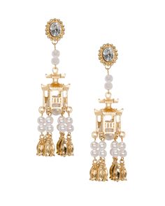 Inspired by Meghan's travels, these stunning Asian gold lantern earrings are the perfect accessory to complete your fabulous look. Set on a rhinestone post backing, these earrings dangle beautifully from a faux pearl chain. The gold lantern features multiple hanging flowers that dangle from a faux pearl chain, adding a pop of flair to any look. When the sun goes down, the fab gets dialed up with these earrings! The inside of the lantern features a big crystal rhinestone with an LED light to dazz Lantern Earrings, Gold Lanterns, Lantern Festival, June Birthstone Jewelry, Hanging Flowers, Sun Goes Down, Zodiac Jewelry, Gifts For New Mums, Pearl Jewellery Earrings