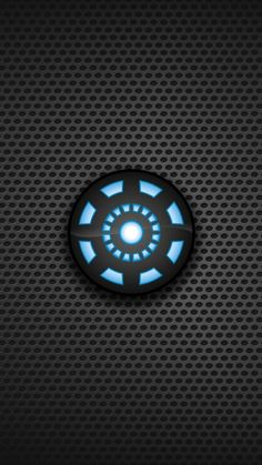 the iron man symbol is glowing blue on a black background with perforated metal mesh