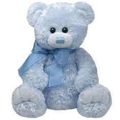 a blue teddy bear with a light blue ribbon on it's neck and feet