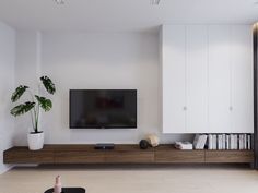 a flat screen tv sitting on top of a wooden entertainment center next to a plant