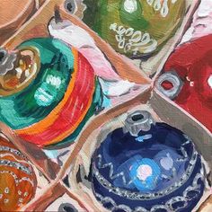 an oil painting of colorful ornaments in boxes