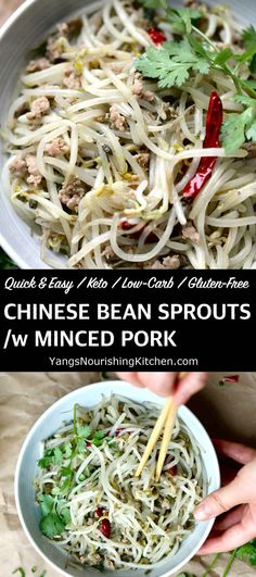 two pictures with different types of food in them and the title above it reads, chinese bean sprouts w / minced pork